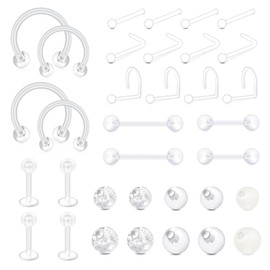 Briana Williams 34pcs Acrylic Clear Piercing Retainers Jewellery Labret Lip Nose Cartilage Tongue Diath Helix Tragus Septum Ring Stud Bar 14/16/20G