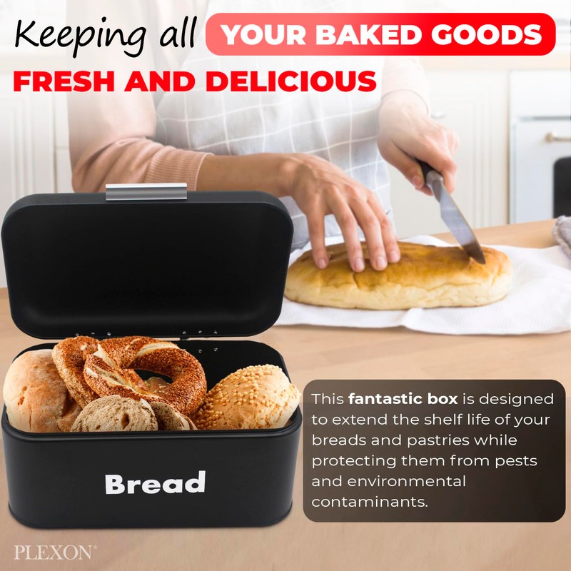 Plexon Black Bread Box for Kitchen Countertop with Lid, Metal