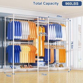 Ulif E12 Clothes Rack，Heavy Duty Freestanding Garment Rack with Shelves，Metal Clothing Closet Storage System for Hanging Clothes，71" W x 16" D x 76.5" H, Hold 960 lbs，White