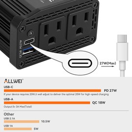 ALLWEI 300W Power Inverter 12V DC to 110V AC Car Plug Adapter Outlet Converter with 27W PD USB-C &18W USB-A Fast Charger, Car Cigarette Lighter Adapter for Laptop Tablets Phones - Portable - Black