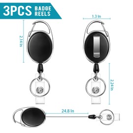JEFURE OWLKELA 3pcs Retractable Badge Reel, Badge Holder, Extendable Id Card Holder, Lanyard Clip, Extendable Keyring With Clip, Heavy Duty Keychain, Fob Holder (Black)