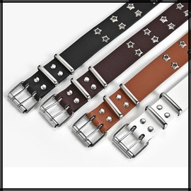 White Fang BT280 Women's Belt, Leather, Stylish, Chain, Keyring, Lock, Punk 2 Hole Belt, Star, Black