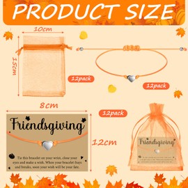 Tondiamo 12 Sets Friendsgiving Gift for Friends Heart Bracelet Adjustable String Friendship Bracelets Bulk with Greeting Cards Organza Bags for Thanksgiving Party