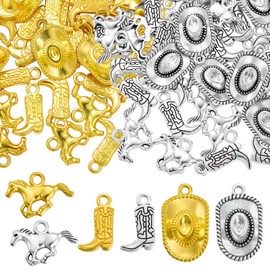 COGCHARGER 120Pcs 6 Styles Bulk Gold Silver Western Charms for Jewelry Making Assorted Metal Charms Cowboy Boot Hat Horse Pendants for Earrings Necklaces Bracelets DIY Supplies