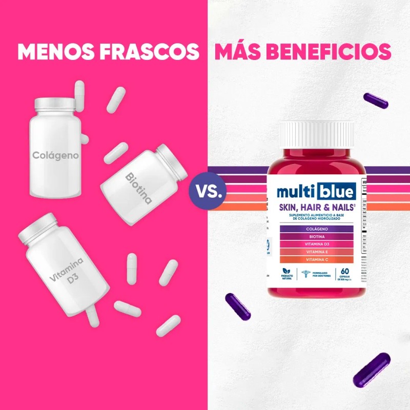 Multiblue Colageno, Biotina, Vitamina D3 - 60 Caps Pack X2