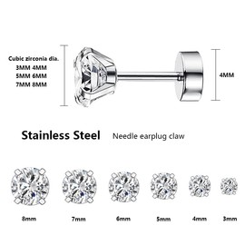 Thokono 6 Pairs of Earrings Stud Earrings Set Stainless Steel Hypoallergenic Sparkling CZ Diamond Stud Earrings Cubic Zirconia Stud Earrings for Women Men Girls Men 3 mm - 8 mm, Stainless Steel, CZ