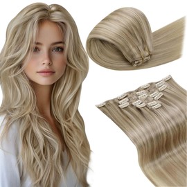 LaaVoo Clip in Hair Extensions Real Human Hair Blonde Hair Extensions Clip in 24 Inch 120g 7pcs Full Head Straight Highlight Golden Blonde Remy Hair Double Weft #16/22