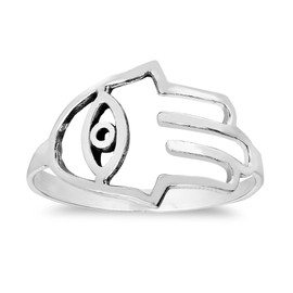 AeraVida Ancient Symbol of Protection Hamsa Hand with Evil Eye Sterling Silver Ring Size 6 | Trendy Everyday Fashion Accessories | Signs and Emblems Jewelry
