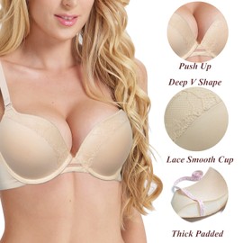 Pushlus Push Up Thick Padded Plunge Underwire T Shirt Lace Bra Lift Support for Women Add One Cup 42B Nude