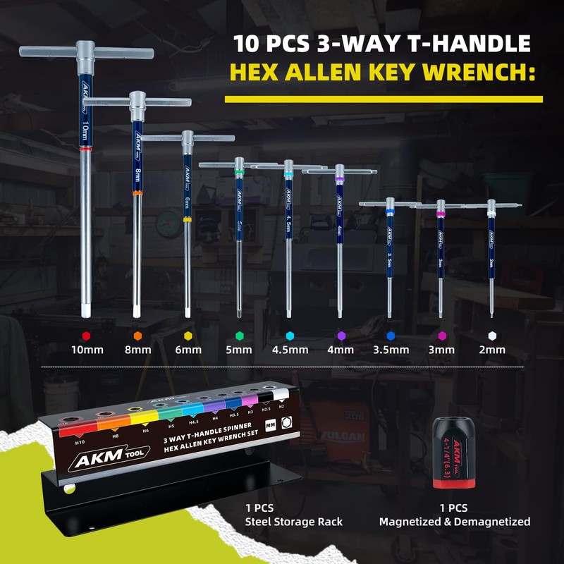 AKM TOOL 11 Pcs 3-Way T-Handle Hex Allen Key Wrench