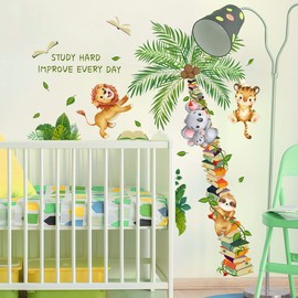 Book Tree Wall Sticker, Cute Sloth Elephant Lion Climbing on The Tree Wall Decal, Removable DIY Vinyl Mural Art Wallpaper Décor for Reading Room Kids Bedroom Nursery Classroom