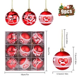 Pack of 9 Christmas Tree Baubles, 60 mm Christmas Bauble Ornaments, Decoration for Christmas Tree, Red, Shatterproof Baubles, Seasonal Decorative Hanging Bauble Ornaments for Christmas Tree, Wedding,