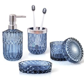 LaMarriti Blue Bathroom Accessories Set, 4 Pack Clear Glass Bathroom Accessories Sets, Diamond Soap Dispenser and Toothbrush Holder Set, Soap Dish, Qtips Holder, Bath Organizer Essentials (Blue)