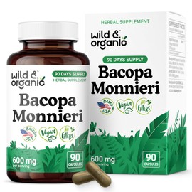 Wild & Organic Bacopa Capsules 600 mg - Brain Support - Natural Bacopa Monnieri Supplement - Brahmi Capsules - 90 Days of Supply - Vegan, No Fillers, Non-GMO - 90 Count