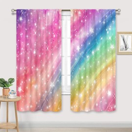 Cinbloo Colorful Rainbow Curtains 42Wx63H Inch Rod Pocket Galaxy Girls Kids Pastel Not Shining Stars Starry Sky Cartoon Cute Art Printed Aesthetic Living Room Bedroom Window Drapes Fabric 2 Panels