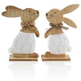 com-four® 2 x Decorative Stands for Easter, Cute Wooden Easter Bunnies, Easter Decoration Made of Wood for Standing, Jute and Wool (2 Pieces, Rabbit with Fur)