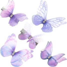 SmallCat 5pcs Butterfly Hair Barrettes for Women, 2 Sizes Gradient Purple Organza Bling Rhinestone Hair Clips, Cute Hairstylist Bow Pin Accessories for Daily, Wedding, Rave Party
