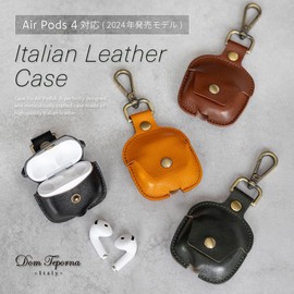 [Dom Teporna] AirPods 4 Compatible Case, Genuine Leather, Carabiner Included, Air Pods Compatible Cover, 4th Generation, Wireless Charging, Can Be Charged With In, Red