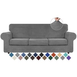 WEERRW 4 Pieces Velvet High Stretch Couch Covers for 3 Cushion Couch Sofa Slipcovers, Washable Furniture Protector with Non Slip Elastic Bottom, Feature Soft and Thick Plush Fabric, Light Grey, Large