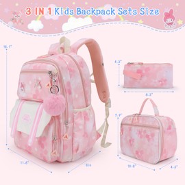 quvup Girls Backpack,Cute Print School Kids Backpack with Insulated Lunch Box Pen Case Set,Kindergarten Elementary School Book Bag for Girls Children Students(3 pieces set -Pink)
