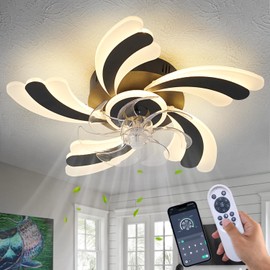 Dalouguan Ceiling Fan with Lights Remote Control, Black Modern Ceiling Fan with Light, 3 Light Color 6 Speeds Low Profile Flush Mount Ceiling Fan for Kitchen Bedroom Living Room