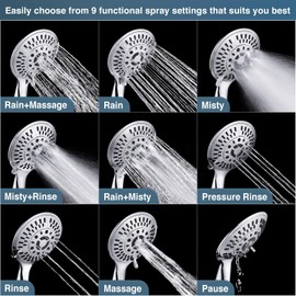 BRIGHT SHOWERS 9 Spray Settings Shower Head with Handheld High Pressure Hand Held Showerhead with 60 Inch Stainless Steel Hose and Adjustable Overhead Bracket, Chrome