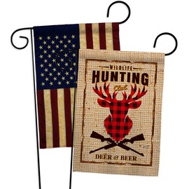 Angeleno Heritage Deer & Beer Garden Flags Pack Sports Hunting Entertainment Activity Physical USA Vintage Applique Small Decorative Gift Yard House Banner Made in 13 X 18.5