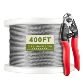 KALLDSY 400FT 1/8" T316 Stainless Steel Cable, Wire Rope Aircraft Cable for Deck Cable Fence Railing Kit, and DIY Balustrades, 7x7 Strands Construction, Comes with a Cutter