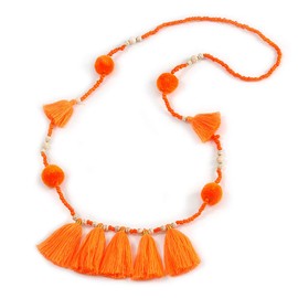 Avalaya Glass Beaded Pom Pom Tassel Long Necklace In Bright Orange/Boho Style/ 90cm L