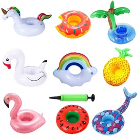 Fyvadio Inflatable Drink Holder, 9 pack Inflatable Cup Pool Drink Holder Floats Coasters with Air Pump, Inflatable Floating Drinking Holders for Summer Pool Party