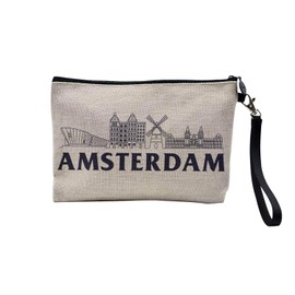 Canvas Bag - Cities of the World Collection Minimalist Style Travel Tourism Postcard - Linen Look Cosmetic Bag - Toiletry Bag - Purse, Amsterdam, Cosmetic bag
