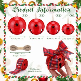 Zhengmy 12 Pack Large Size Christmas Star Cutout Bells Ornament Jumbo Vintage Rustic Metal Sleigh Bell with Plaid Ribbon Jute Twine for Christmas Tree Hanging Holiday Party Farmhouse(Red)