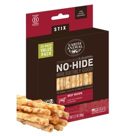 Earth Animal No-Hide Stix Beef Recipe Natural Rawhide Alternative Dog & Cat Chews | 20 Count Pack of 1