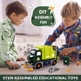 Brixlytoys Trucks Take Apart Toys with Electric Drill, DIY Electric City Clean Truck Toy Set, Disassembly Garbage Truck Toys, Birthday Gifts for 3 4 5 6 7 8 Years Old Boys Girls