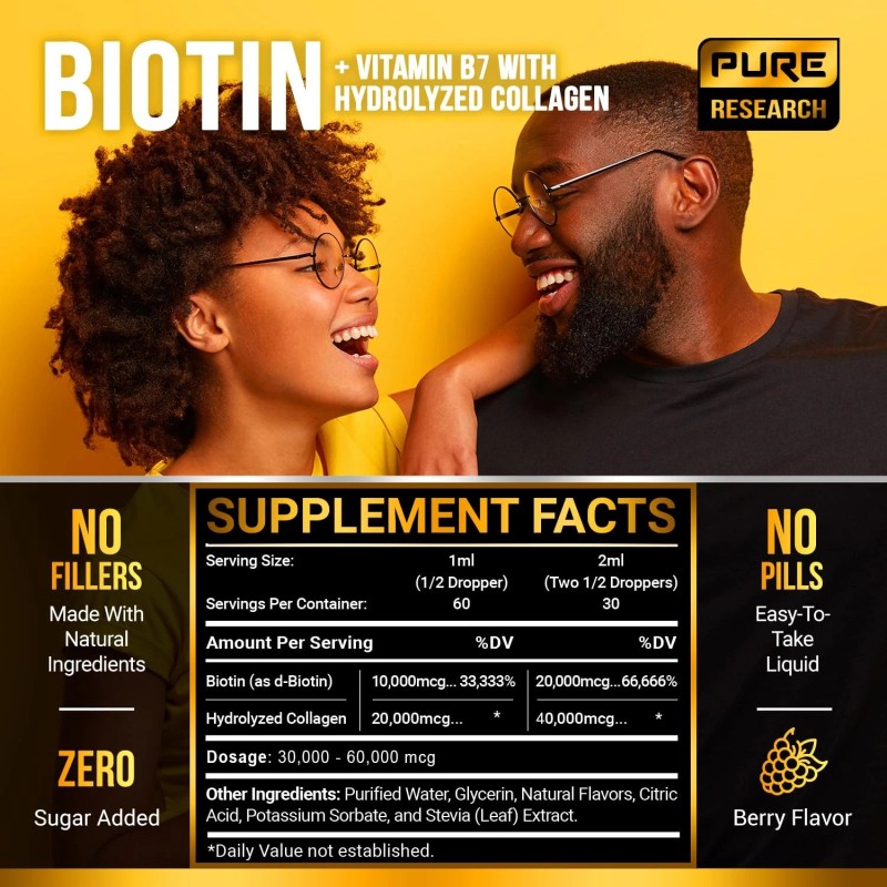 PURE RESEARCH Liquid Biotin & Collagen Hair Growth Drops 60,000mcg