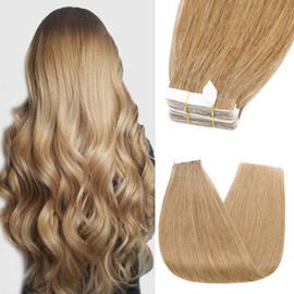 Silk-co 12"-24" Tape in Hair Extensions 100% Real Remy Straight Human Hair Extension 10Pcs Straight Silky Soft Skin Weft Seamless (20inch #27 Dark Blonde)