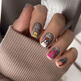 Christmas Press on Nails Medium Square Fake Nails Cartoon Penguin Bear Deer Cat Design Glue on Nails Matte Grey False Nails Winter Acrylic Nails Cute Animals Artificial Nails Kit for Women 24Pcs
