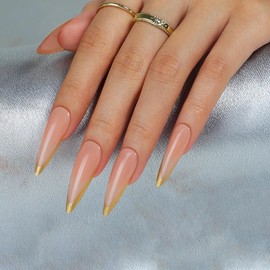 MERVF Long Press on Nails Stiletto Fake Nails Gold French Tip Glue on Nails Press ons Almond Clean Solid Color Acrylic False Nails Glossy 24pcs