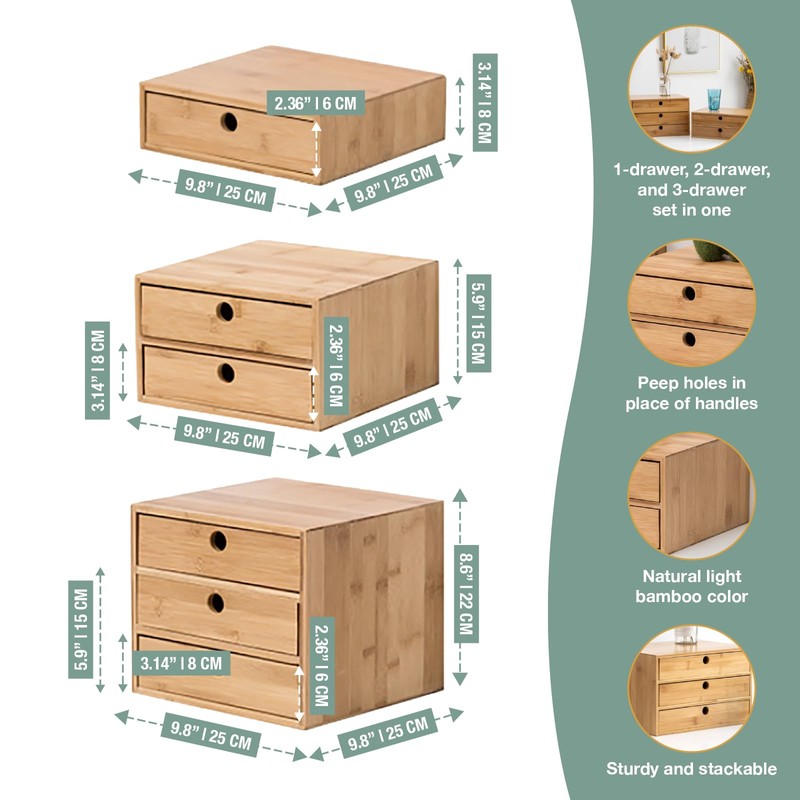 Set of 3 Bamboo Organizer Desktop Drawers - 1, 2,