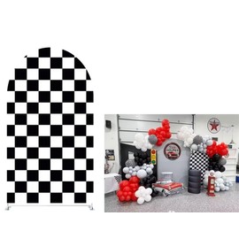 Iydamc Black and White Racing Checker Texture Arch Backdrop Covers,Checkered Flag Arched Stretchy Supplies for Baby Shower Birthday Party Decorations,Arch Props NO-363-4x7ft