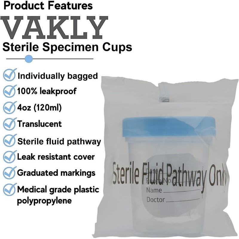 Vakly Sterile Specimen Cups Individually Bagged with Lids [3 Count]