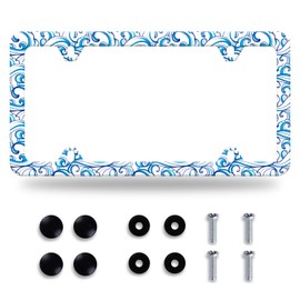 Blue Ocean Waves License Plate Frame License Plate Stainless Steel Rust-Proof Auto Parts Colorful License Plate Cover Funny Decorative with Screws Size 12.3" x 6.3" for Men Women