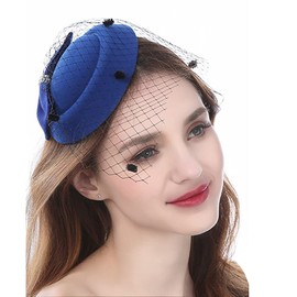 IBLUELOVER Women Pillbox Fascinator Hat Mesh Net Veil Party Hat Vintage 1940's 1950's Fascinator Top Hat Retro Felt Church Derby Tea Party Hat Blue