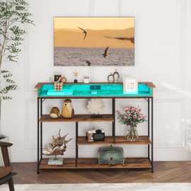 Welfuturer Console Table with Outlets and USB Ports 4Tier Sofa Table with LED Light and Open Shelves Industrial Entryway Hallway Side Table for Living Room Foyer Couch Hallway Rustic Brown