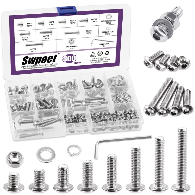 Swpeet - Juego de 301 Piezas M5 Tornillos de Cabeza