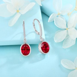 FJ Ruby Dangle Drop Earrings 925 Sterling Silver Oval Cut Cubic Zirconia Leverback Earrings July Birthstone Jewellery Gifts for Women