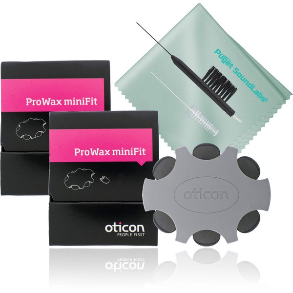 Oticon Prowax Minifit - Filtros de cera de repuesto para audífonos (incluye protector de cera, herramienta de limpieza de ventilación, kit de gamuza de microfibra (2 unidades)