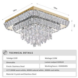 Miuyhji Elegant LED Gold Crystal Raindrop Ceiling Light,18 Inch Square Flush Mount Chandelier with Remote for Living Room Kitchen Island Bedroom Hallway Entryway Foyer (Dimmable)