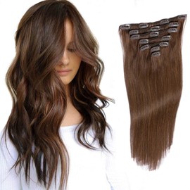Medium Brown Remy Human Hair Extensions Clip in 70grams 18" Silky Straight Full Head Clip on Extensions 7 Pieces, 4