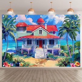 Monalivest 12x8ft Cartoon Hawaii House Backdrop Luau Aloha Summer Sea Beach Tropical Palm Trees Photography Background Baby Shower Kids Birthday Party Decor Photo Props